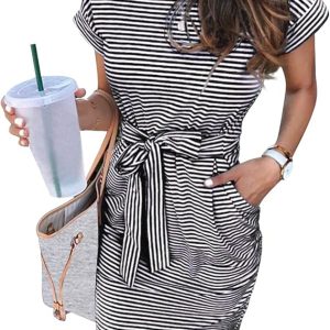 Women's Summer Striped Short Sleeve T Shirt Dress Casual Tie Waist with Pockets