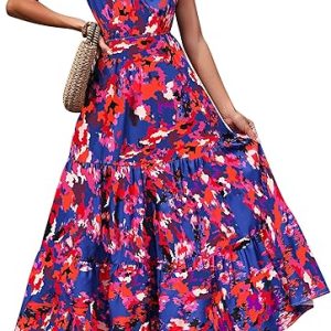 Women's Summer Floral Maxi Dress Knot One Shoulder Sleeveless Ruffle Flowy Boho Beach Wedding Guest Dresses